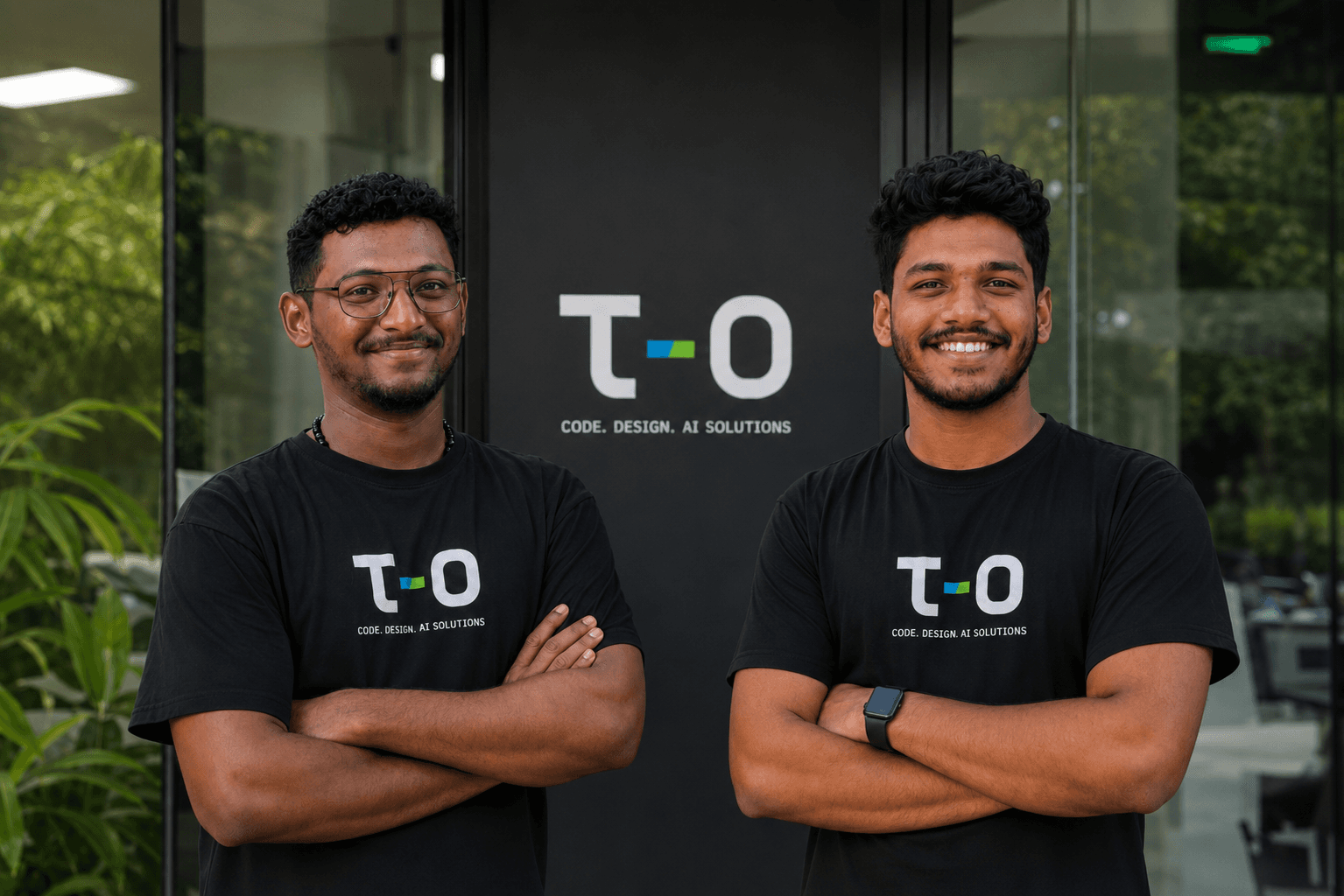 The two founders of T−0 outside the studio in Kerala, India